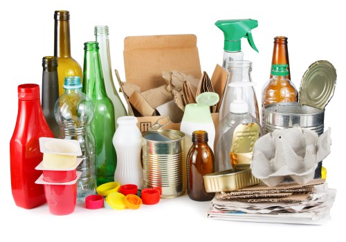 A collection of various waste items including glass bottles in green, brown, and clear, along with a red plastic bottle and a yellow-tinted glass bottle, situated on a flat surface. There are also metal cans, including a tin can stacked alongside paper and cardboard packaging such as a brown box, crumpled paper, and tissue paper. Several plastic containers and bottles, some with spray nozzles, are visible among the collection, as well as caps and lids in different colours. The background consists of more waste packaging, with some crushed and partially flattened items, suggesting the scene relates to rubbish collection or disposal. The environment appears neutral, likely on a driveway or garden area, consistent with rubbish removal tasks undertaken by companies like Garden Clearance Gunnersbury, based in the local postcode area.
